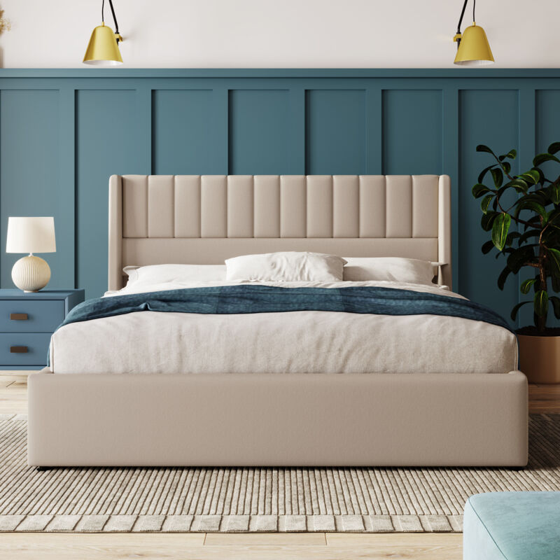 foto del prodotto redom letto contenitore imbottito 180x200 cm lino beige senza materasso