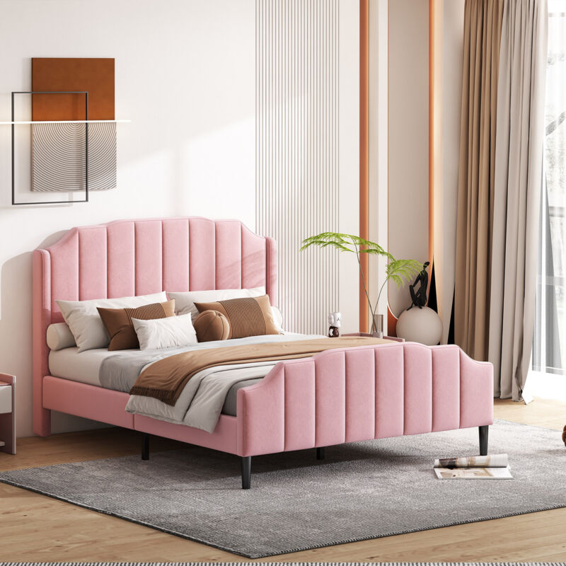 foto del prodotto redom letto imbottito 140 x 200 cm giroletto con testiera, pediera e rete a doghe letto matrimoniale rivestito in velluto rosa letto ragazzi letto