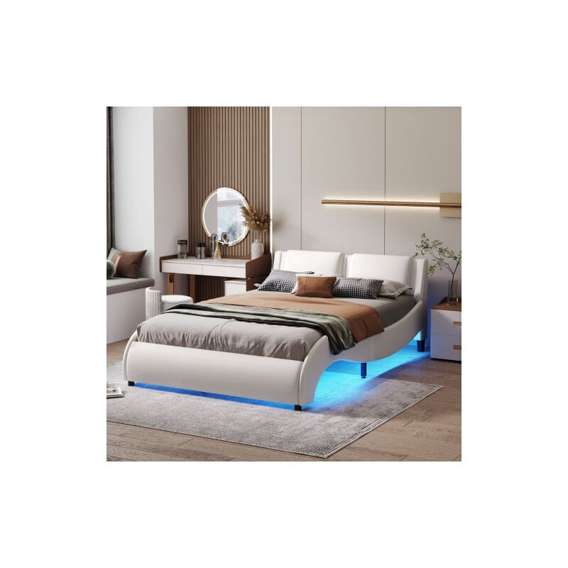 foto del prodotto redom - letto imbottito 140200 cm in ecopelle con giroletto a luce led con reti a doghe bianche
