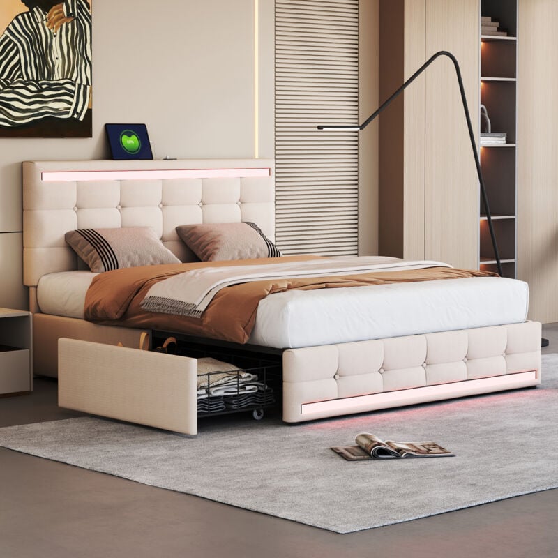 foto del prodotto redom letto imbottito 140200 letto imbottito a led con 4 cassetti e 2 stazioni di ricarica usb, giroletto con testiera e pediera a led, letto con