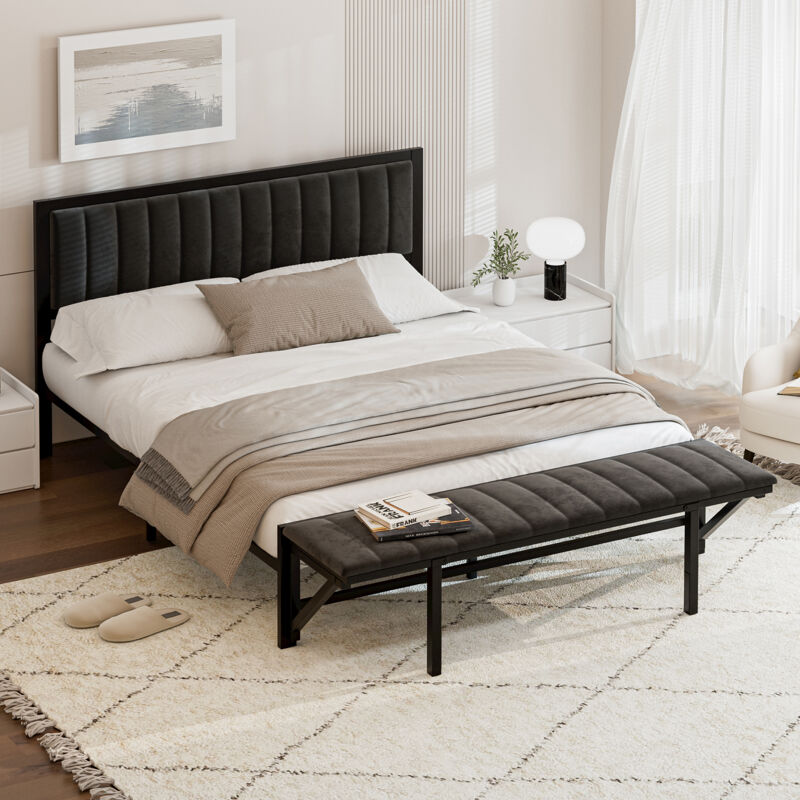 foto del prodotto redom letto imbottito 140x200cm con panca terminale pieghevole , letto multifunzionale con spazio di archiviazione e organizzazione, struttura del