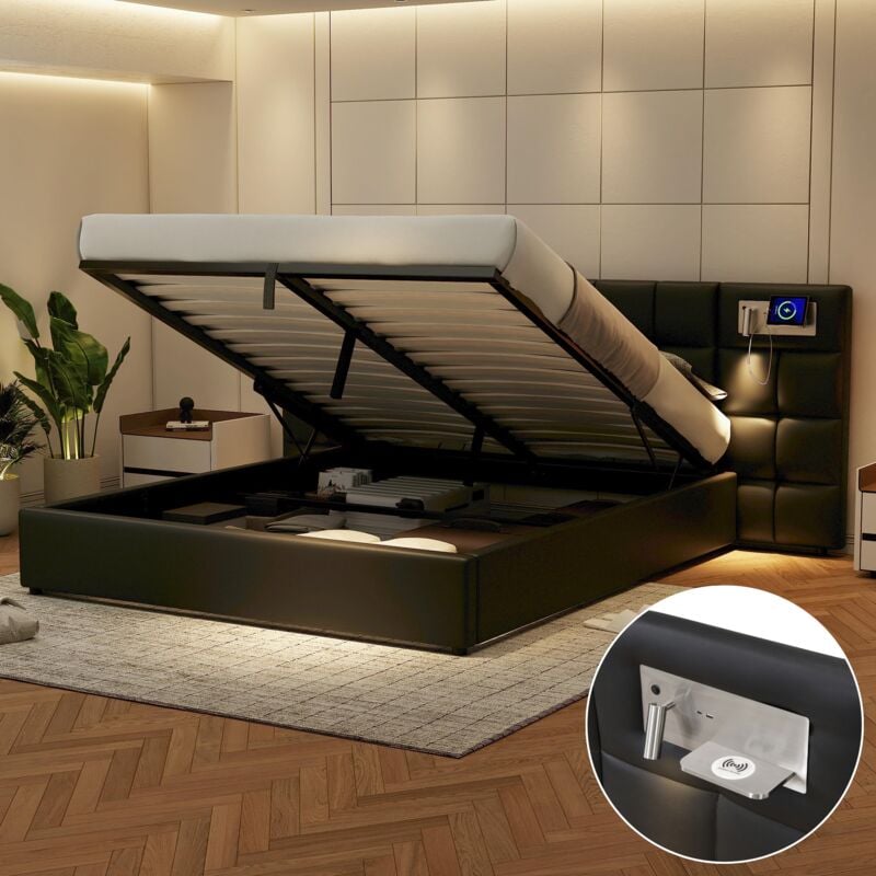 foto del prodotto redom letto imbottito 180 x 200 cm, letto idraulico, con porta usb e ricarica wireless e lampada luminosa, con contenitore, per adulti e ragazzi,