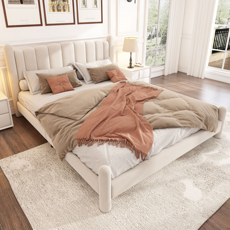 foto del prodotto redom letto imbottito 180200 cm con rete e testiera a doghe, elegante testiera a ventaglio, gambe di sostegno cilindriche, velluto, beige
