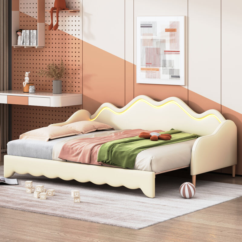 immagine 0 del prodotto redom letto imbottito 90 180 190 cm, divano letto multifunzione 2 in 1, lettino per bambini in similpelle con illuminazione a led, con rete a
