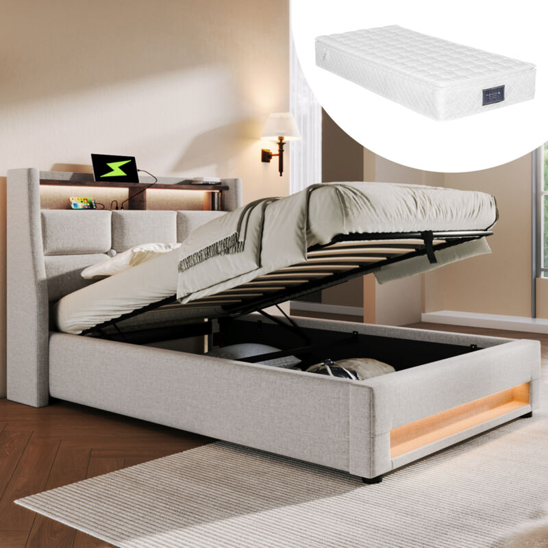 foto del prodotto redom letto imbottito con usb 90x200 cm, letto singolo led con rete a doghe in metallo, giroletto in lino, letto per ragazzi con materasso 