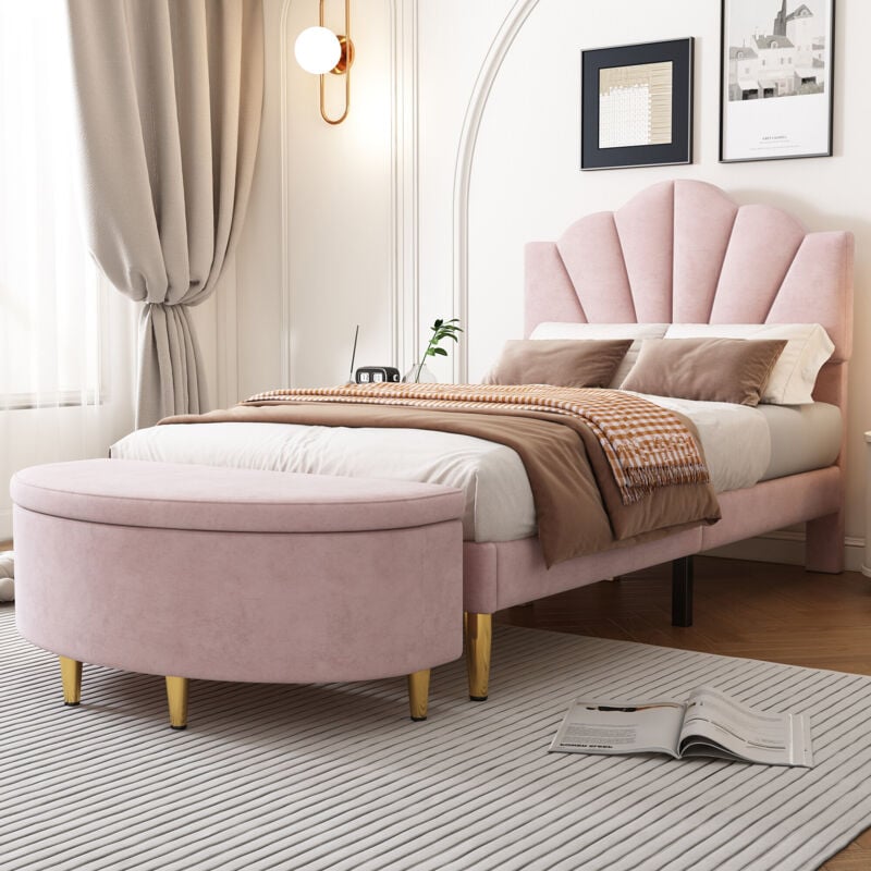 immagine 0 del prodotto redom letto imbottito in velluto, 90200 cm, letto a conchiglia con gambe in ferro dorato, testiera regolabile in altezza, rete a doghe in legno,