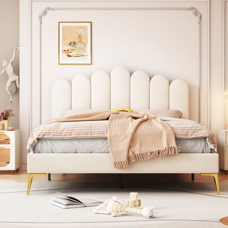 foto del prodotto redom letto imbottito letto matrimoniale 140 x 200 cm, giroletto con testiera e rete a doghe, letto ospiti per adulti e ragazzi in tessuto velluto