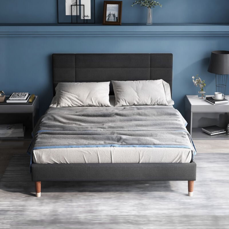 foto del prodotto redom letto imbottito, letto matrimoniale con rete a doghe, giroletto imbottito 140x200cm con testiera, per adulti e ragazzi grigio senza
