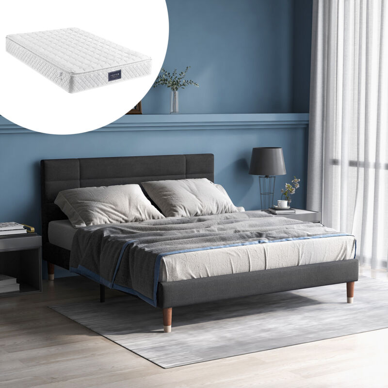 foto del prodotto redom letto imbottito, letto matrimoniale con rete a doghe, giroletto imbottito con testiera 140x200cm, per adulti e ragazzi grigio con materasso