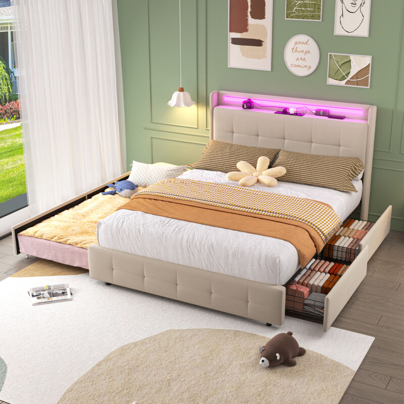 foto del prodotto redom letto matrimoniale con testiera ricaricabile tramite usb, letto estraibile, letto imbottito con illuminazione led e 2 cassetti, struttura