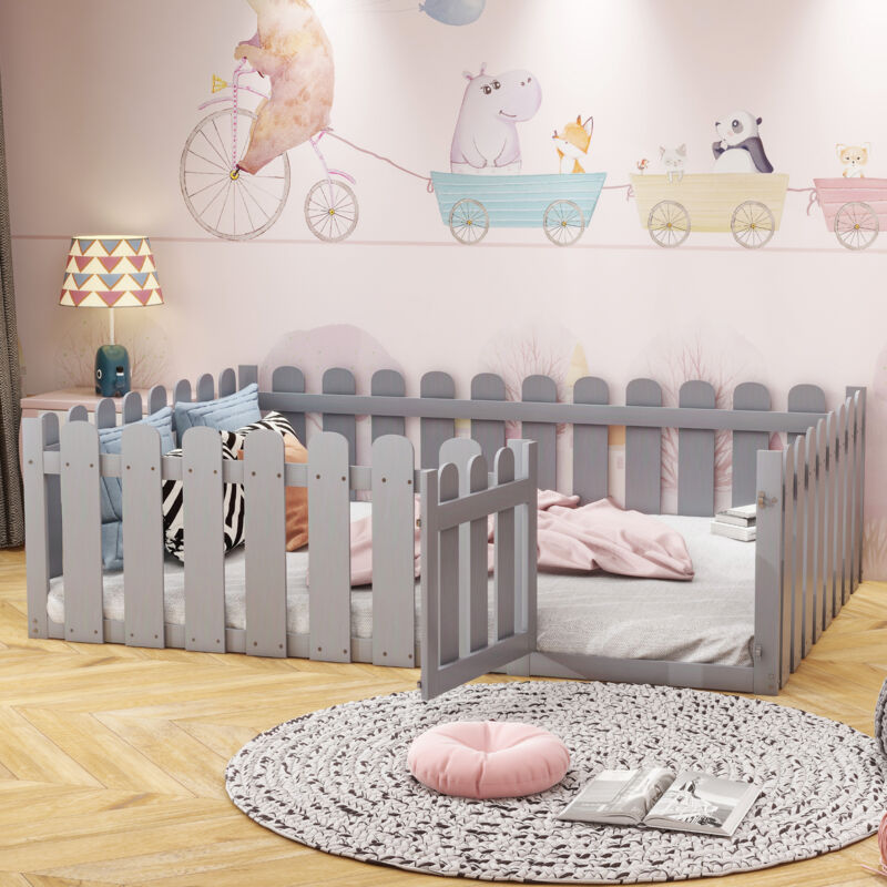 foto del prodotto redom letto per bambini 140 x 200 cm, struttura letto in legno con bordo e anta, grigio