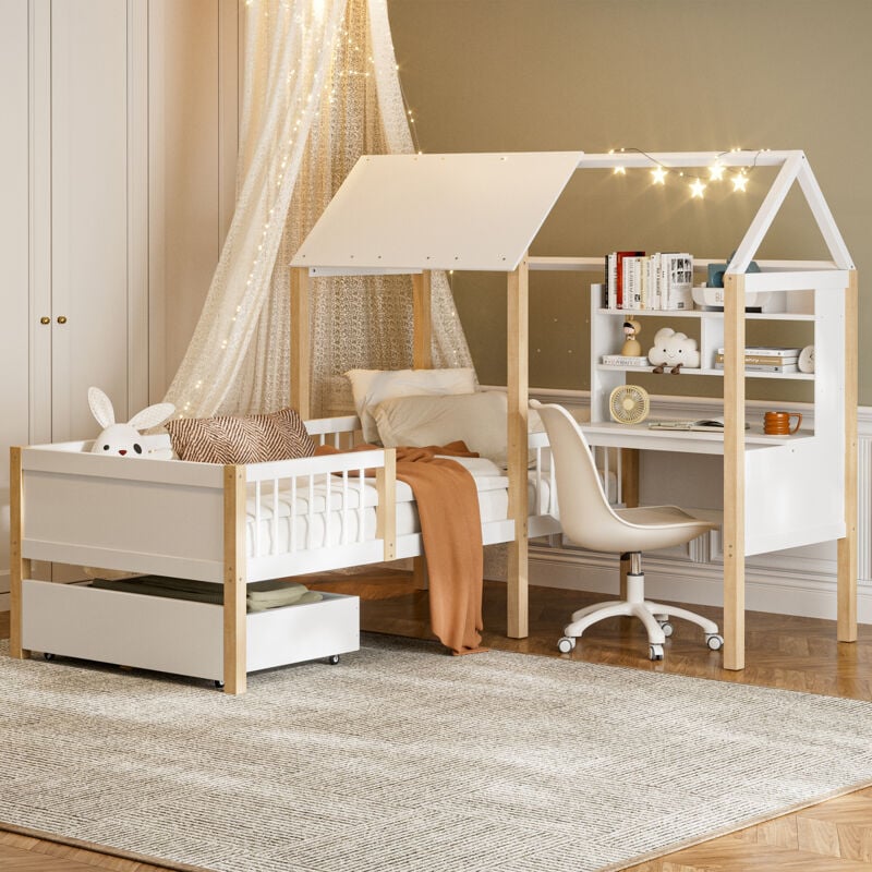 foto del prodotto redom letto per bambini 90 x 200 cm con protezione anticaduta e rete a doghe, scrivania a l e libreria, cassetti con rotelle, letto a soppalco