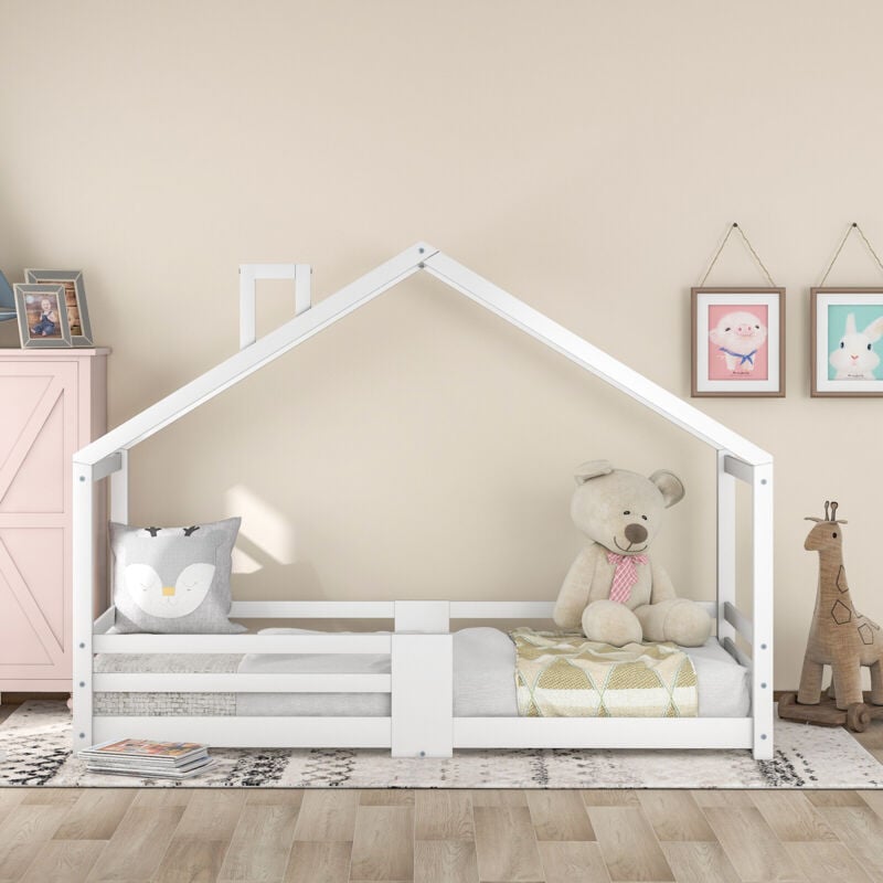 foto del prodotto redom letto per bambini, 90 x 200 cm, con rete a doghe, protezione anticaduta, in legno di pino, bianco