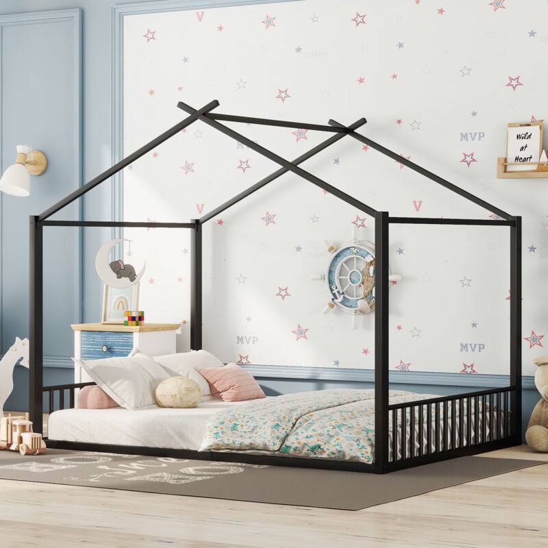 foto del prodotto redom letto piatto 140200 cm, letto con struttura in ferro, lettino per bambini, barra per la casa, nero