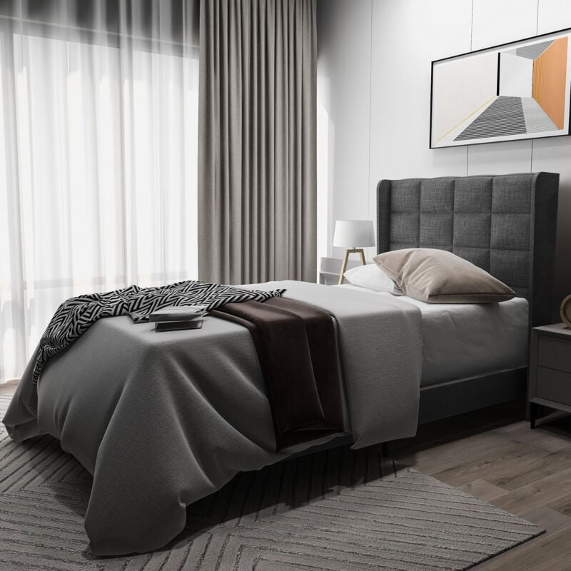 foto del prodotto redom letto singolo imbottito con testiera e rete a doghe, 90x200 cm, in lino grigio senza materasso 