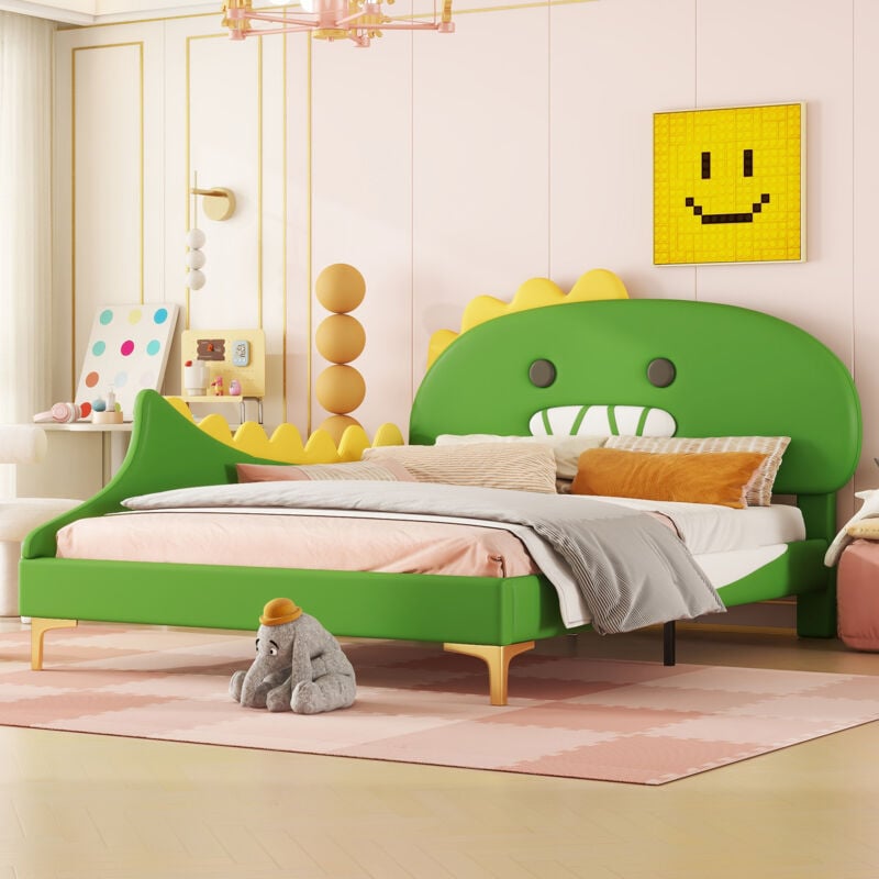 foto del prodotto redom letto singolo per bambini 140 x 200 cm, a forma di dinosauro dei cartoni animati, letto piano, materiale pu, verde