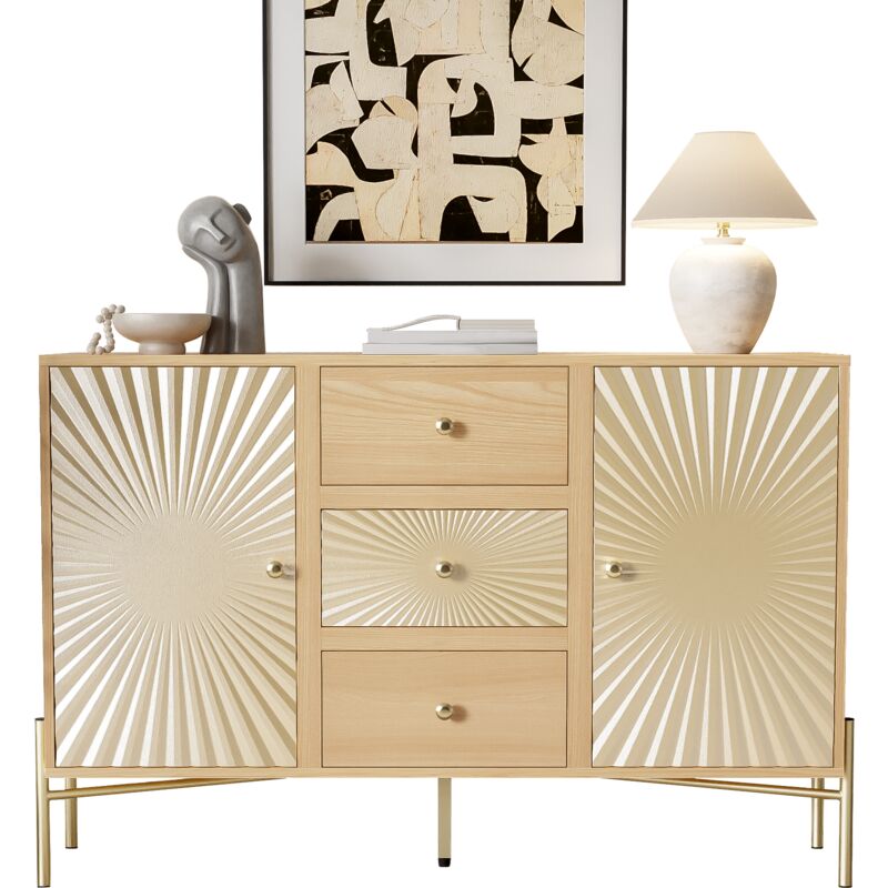 foto del prodotto redom mobile alto, credenza, lunghezza 123,5 cm, mobile a 2 ante con 3 cassetti e design unico a raggiera