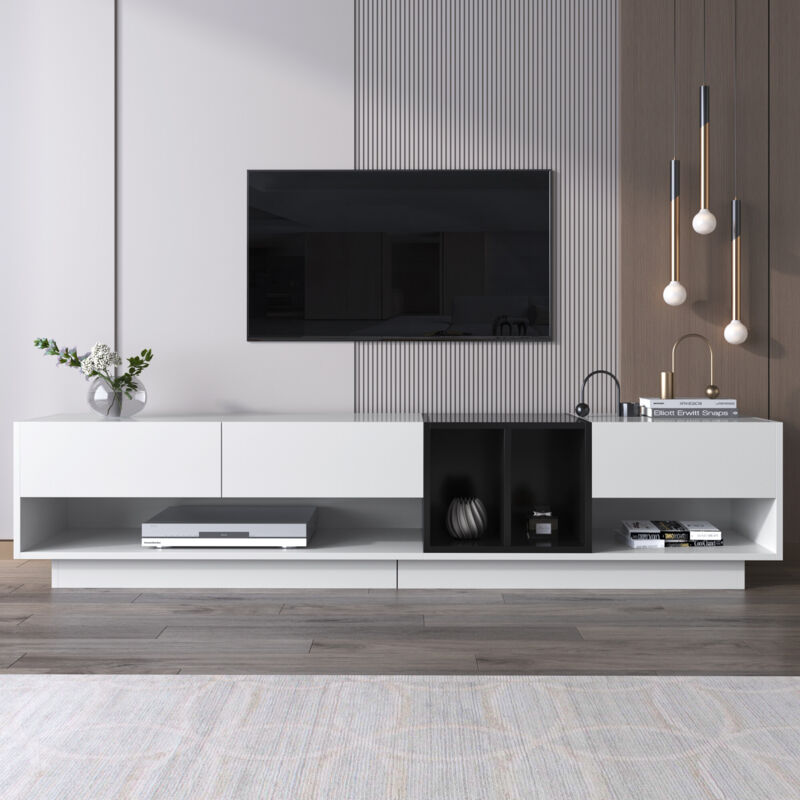 foto del prodotto redom mobile tv, credenza bassa, combinazione in bianco lucido e nero. design a blocchi di colore, cassetti, scomparti, molteplici spazi di