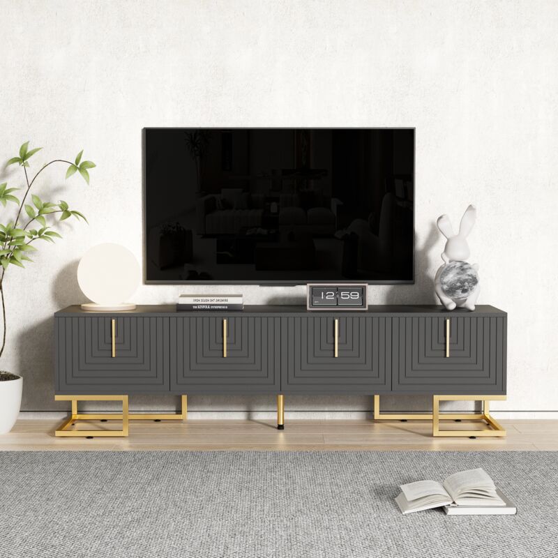 foto del prodotto redom mobile tv, credenza bassa con anta strutturata, mobile tv con cassetti, maniglie dorate e gambe dorate,
