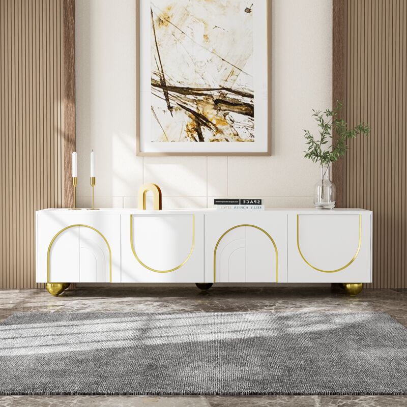 foto del prodotto redom mobile tv, credenza bassa con ante strutturate, finiture dorate, gambe tonde dorate, ripiani inclusi, apertura push to open