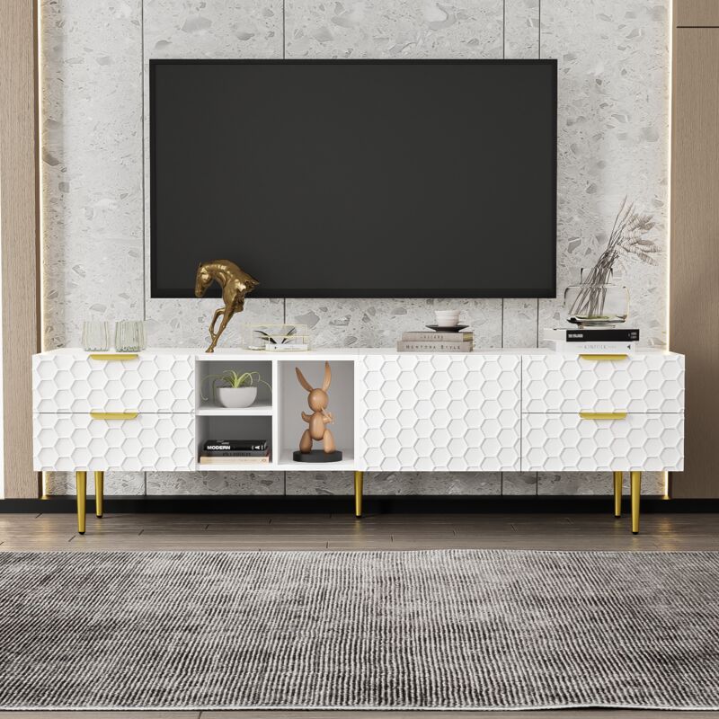 foto del prodotto redom mobile tv, credenza bassa con ante strutturate, mobile tv con cassetti, vani a giorno, maniglie oro e gambe oro