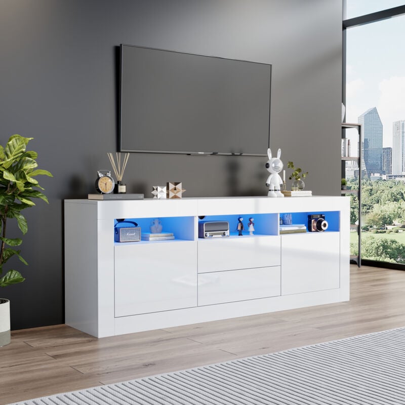 foto del prodotto redom mobile tv lucido 160 x 35 x 60 cm con illuminazione led, 3 scomparti aperti, 2 ante, 2 cassetti, controllo smart app, per tv 70 pollici,