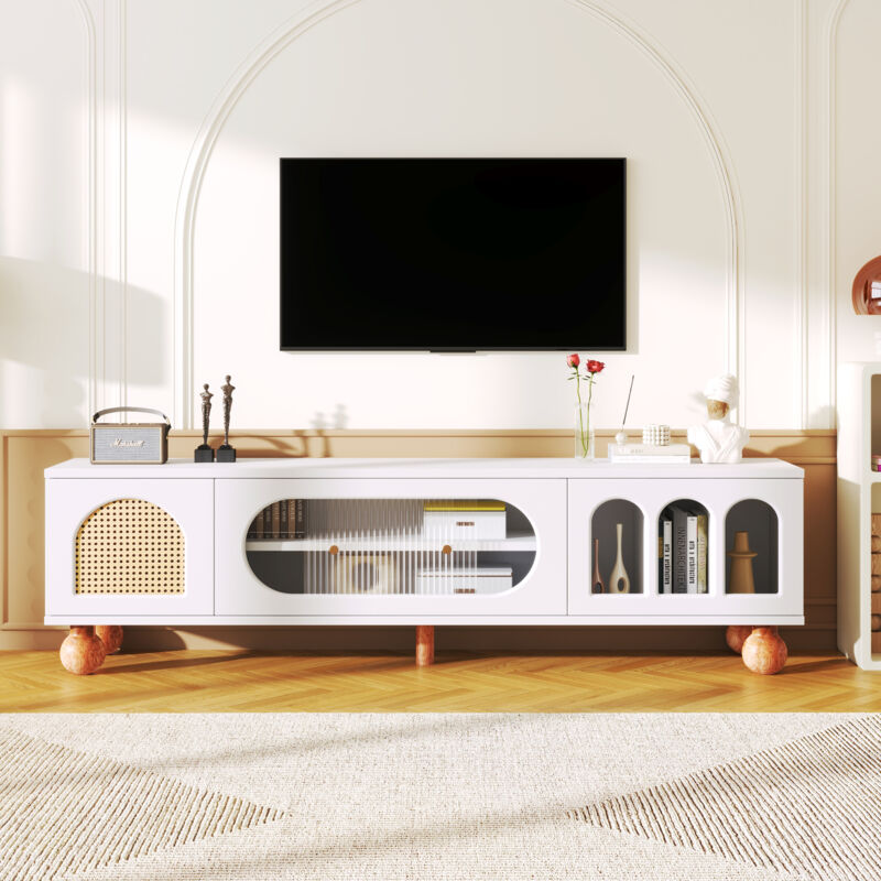 foto del prodotto redom mobile tv, mobile tv con anta in rattan, anta scorrevole in vetro, tre aree ad arco aperte, mobile base con maniglie dorate e gambe in legno