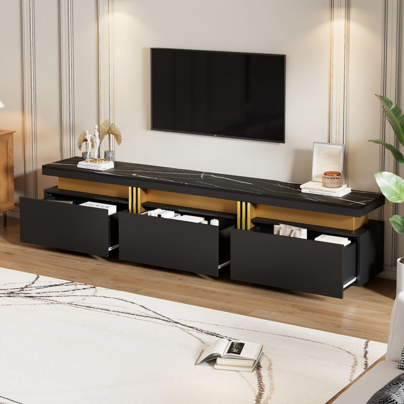 foto del prodotto redom mobile tv moderno basso in aspetto marmo, mobile tv, cassettiera tv, 200 x 40 x 42 cm per tv fino a 90 pollici, tre cassetti e 1 canalina