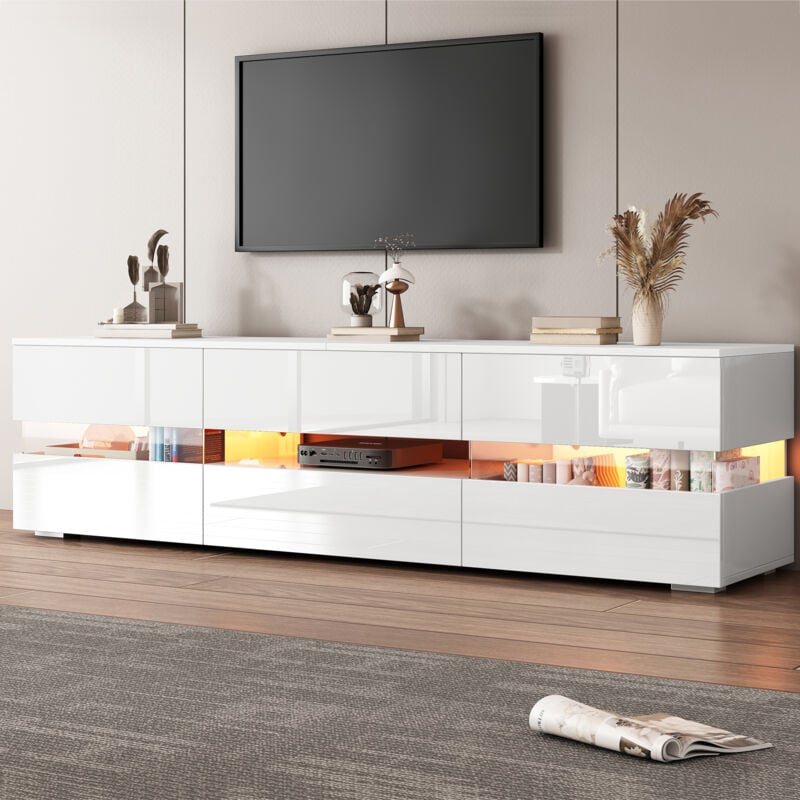 foto del prodotto redom mobile tv moderno bianco lucido, 160x39x45 cm, con illuminazione led, 2 ante, 1 cassetto, vano a giorno, adatto per tv 70 pollici con