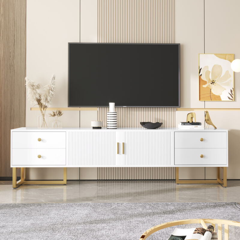 foto del prodotto redom mobile tv, pannello basso con anta goffrata, mobile tv con cassetti, maniglie oro e gambe oro