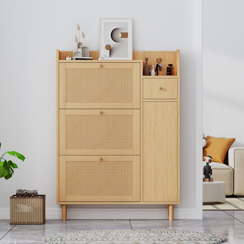 foto del prodotto redom scarpiera in legno e rattan adatta per ingressi stretti 3 ante basculanti e 1 cassetto con gambe e maniglie in legno massello