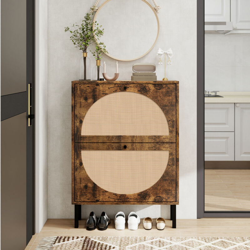 foto del prodotto redom scarpiera vintage a due ante marrone, ante semicircolari intercambiabili, effetto rattan, lunghezza 60 cm, con pannello posteriore, adatta