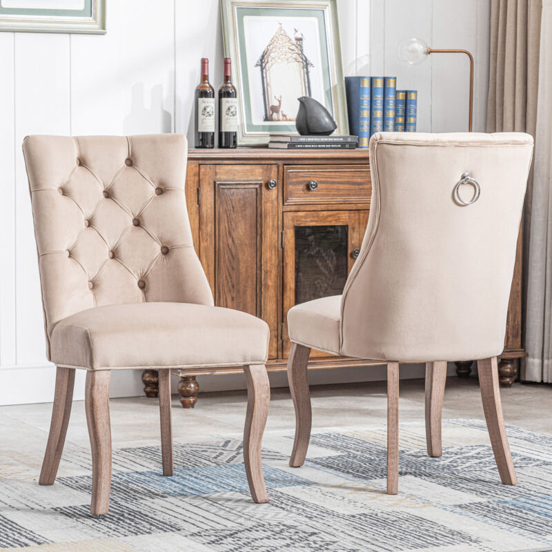 foto del prodotto redom sedia a 4 gambe, sedia da pranzo in velluto beige, schienale alto, con trapuntatura a bottoni, struttura in legno massello, beige, set, 2