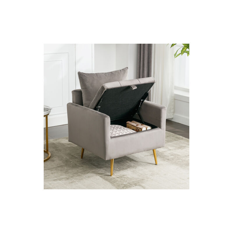 foto del prodotto redom sedia, poltrona, pouf con contenitore, cuscino e braccioli in velluto moderno e minimalista, poltrona lounge con gambe in metallo dorato,