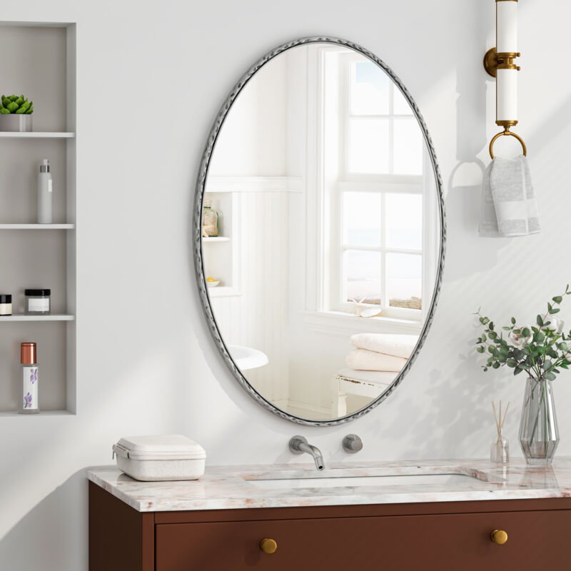 foto del prodotto redom specchio ovale retr in ferro battuto effetto antico da appendere alla parete, adatto per bagno, camera da letto, soggiorno argento 