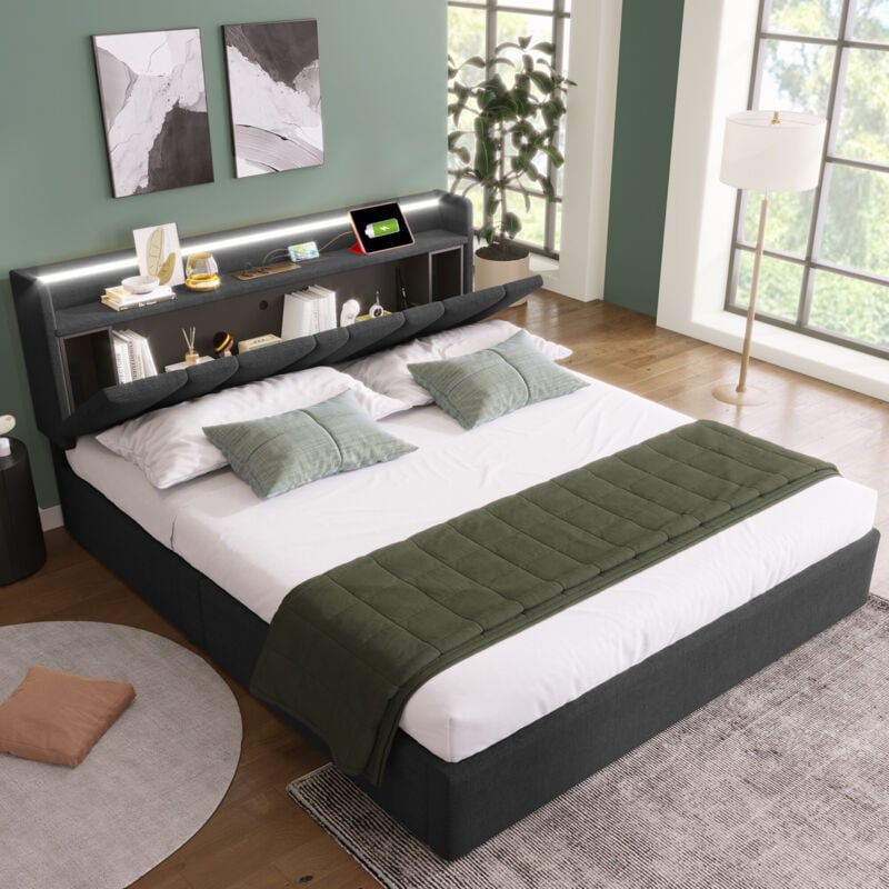 foto del prodotto redom struttura letto matrimoniale ricarica usb, contenitore, illuminazione led grigio 160 x 200 cm materasso non incluso 
