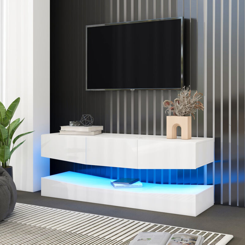 foto del prodotto redom supporto tv bianco lucido supporto tv sospeso con illuminazione a led supporto tv sospeso a parete unit tv galleggiante centro console