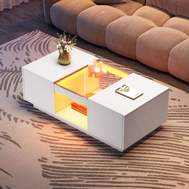 foto del prodotto redom tavolino bianco 100x50x35,5 cm con pannelli in vetro, illuminazione led, controllo tramite app, 2 cassetti e 1 vano a giorno