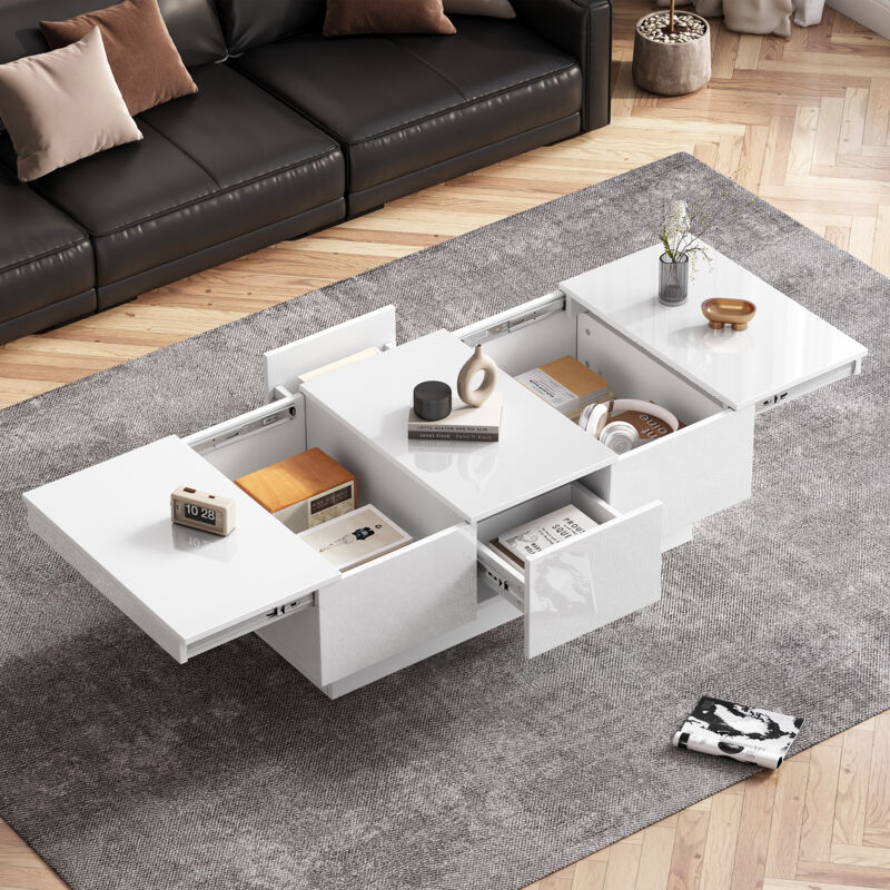 foto del prodotto redom tavolino moderno lucido 100x55x35 cm bianco, con funzione scorrevole, 2 scomparti nascosti, 2 cassetti design elegante per il tuo