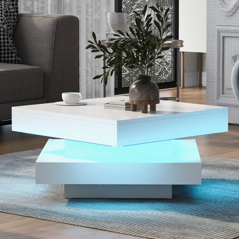 foto del prodotto redom tavolino quadrato bianco lucido con piano girevole stile moderno techno con luce led a 16 colori, 70x70x36 cm