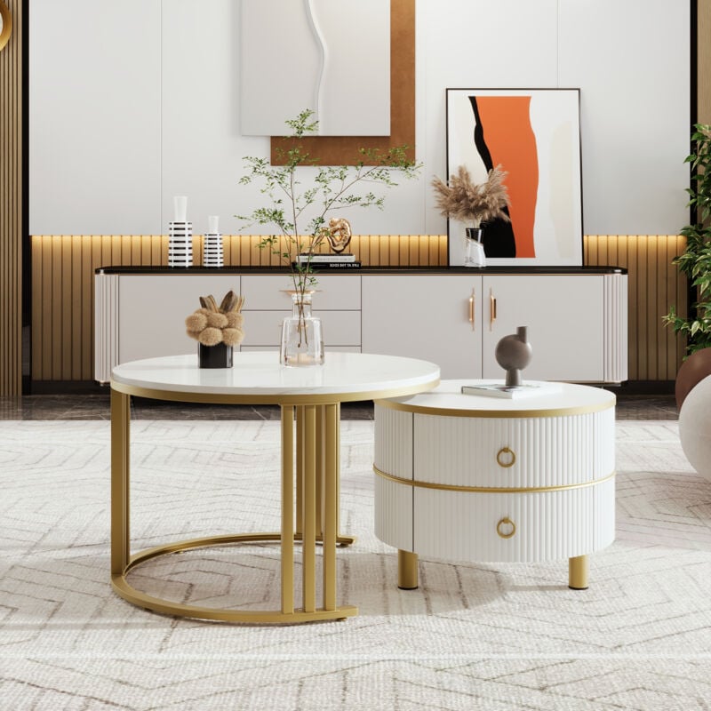 foto del prodotto redom tavolino rotondo mdf 2 in 1, tavolino con piano lucido e 1 piano in marmo bianco, tavolino da salotto combinato con 2 cassetti, 70 x 70 x 46