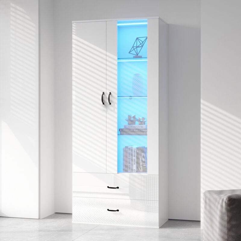 foto del prodotto redom vetrina con luce led a 16 colori, 2 ante, 2 cassetti con ante in vetro, vetrinetta indipendente, vetrinetta a led bianchi, soggiorno,