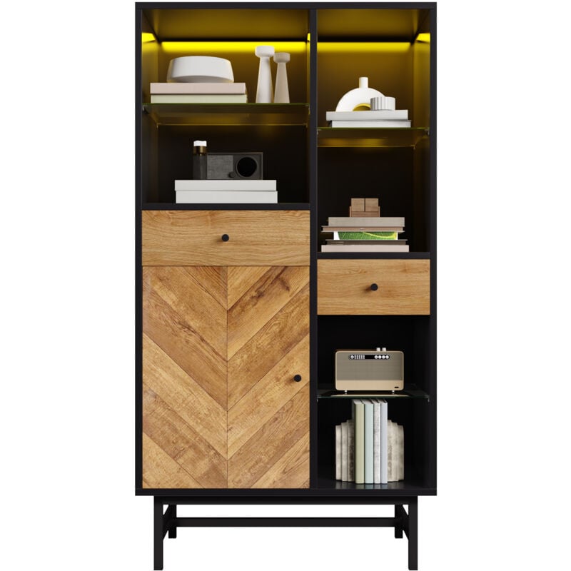 foto del prodotto redom vetrina, vetrina con striscia luminosa a led a 12 colori, mobile da cucina con cassetti e ripiani in vetro, venature del legno triangolari