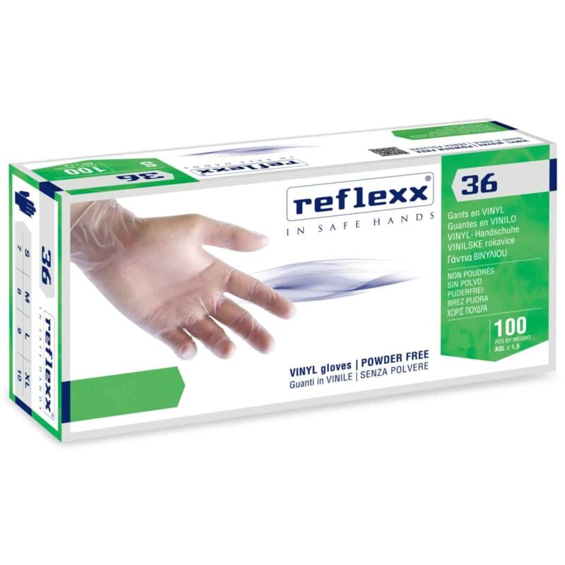 foto del prodotto reflexx r36 guanti vinile no polvere 100 latex 4.4gr free cat.3 100 pezzi l