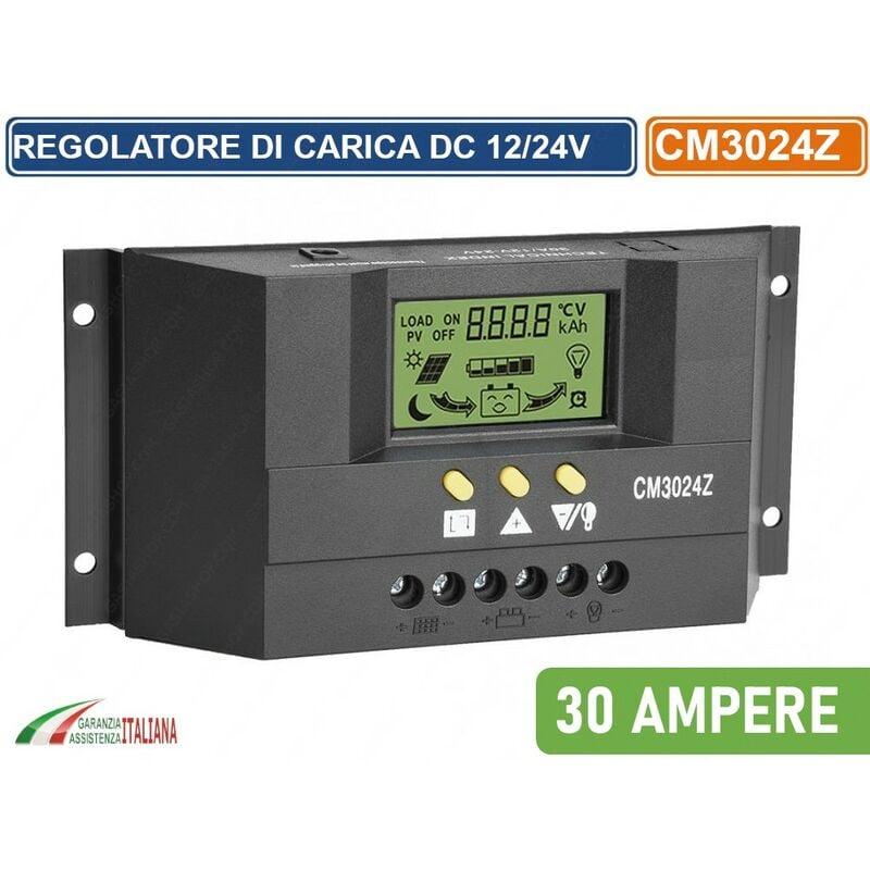 foto del prodotto regolatore di carica pwm per pannelli solari 30a dc 12 24v autoselezione con display