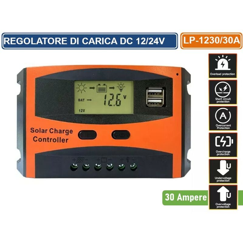 foto del prodotto regolatore di carica pwm per pannelli solari 30a dc 12 24v autoselezione con display doppia porta usb