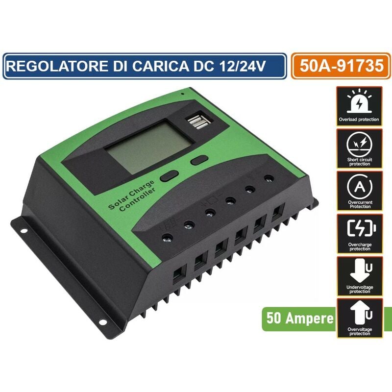 foto del prodotto regolatore di carica pwm per pannelli solari 50a dc 12 24v autoselezione con display doppia porta usb