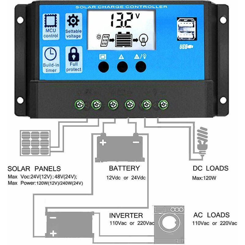 foto del prodotto regolatore di carica solare 30a regolatore solare regolatore di carica solare 12v 24v doppia usb regolatore di tensione solare display lcd con