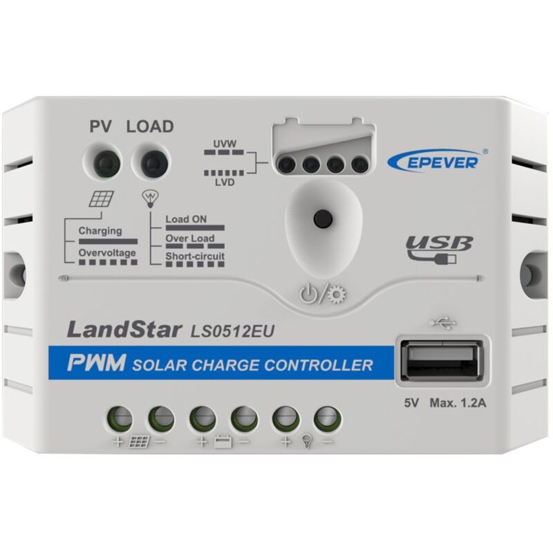 foto del prodotto regolatore di carica solare epever pwm landstar serie ls eu regolatore di carica con connessione usb, 5 30a, 12v 24v, massa positiva comune