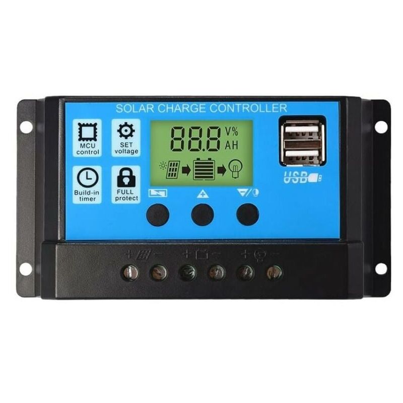 foto del prodotto regolatore di carica solare pwm 12v 24v 30a con display lcd e due porte usb